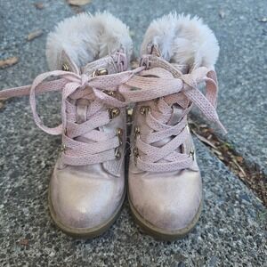 Girls Pink Sparkle Faux Fur Lined Winter Boots Lace‎ Up Side Zip Size 6